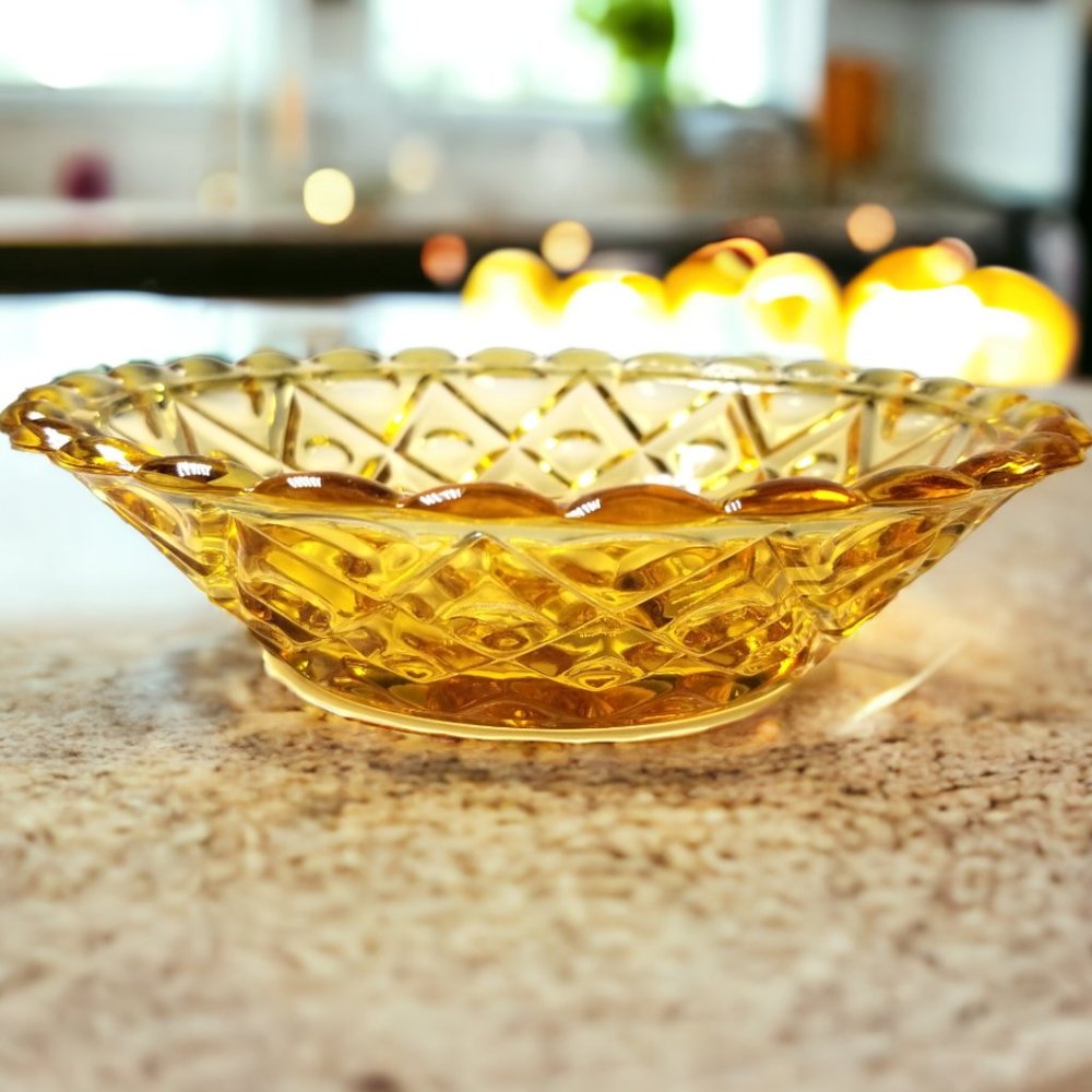 Honey Amber Butter Dish New Martinsburg Viking Glass Thumb Diamond Print - Picture 3 of 11